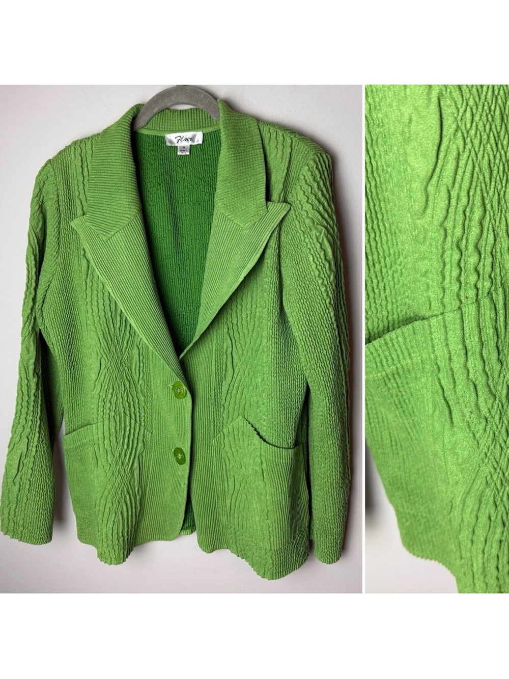 Flair Blazer Top Size Medium Lime Green Crinkle Pleated Textured Jacket Pockets
